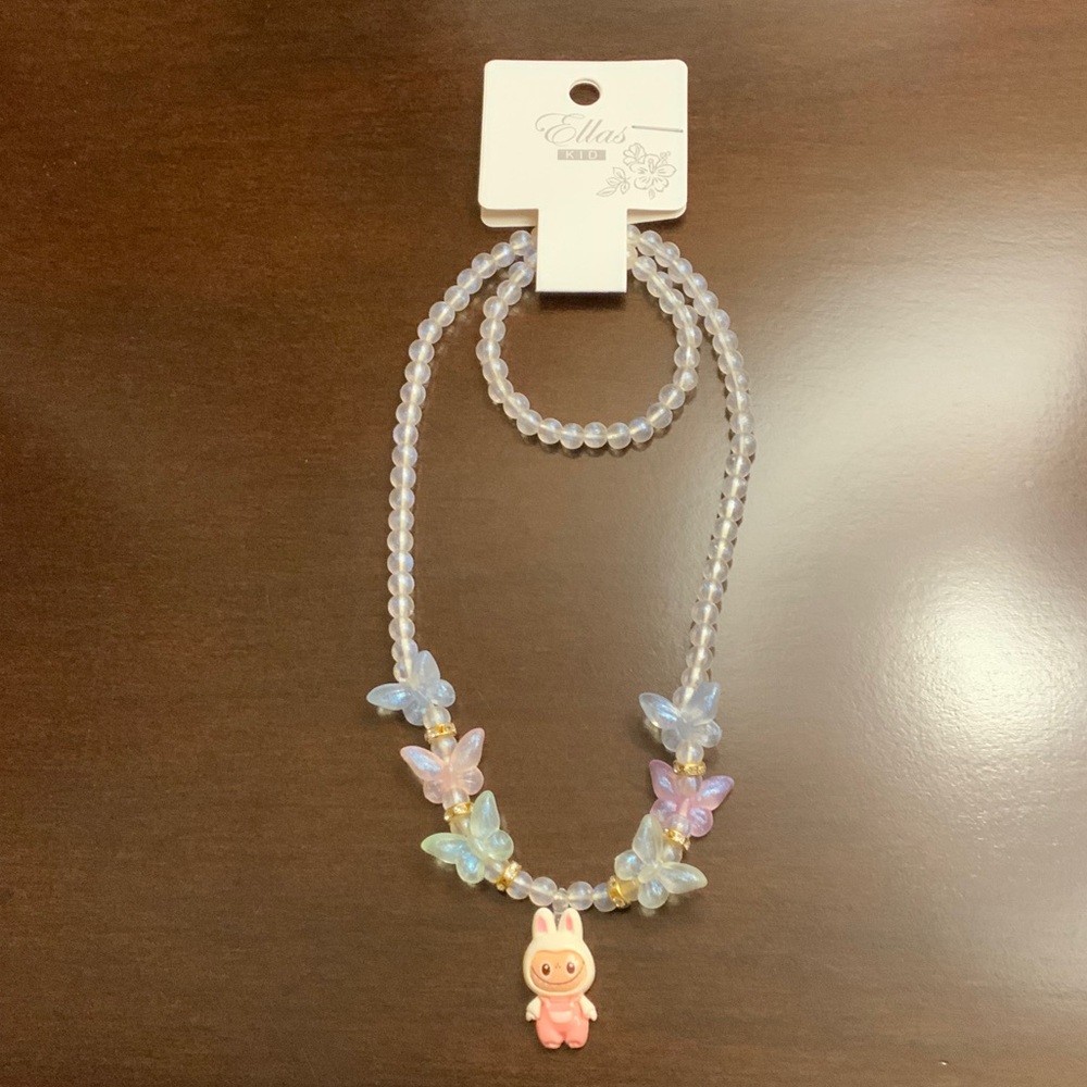 Ellas Kids Necklace with Pink Charm and Colorful Butterflies
